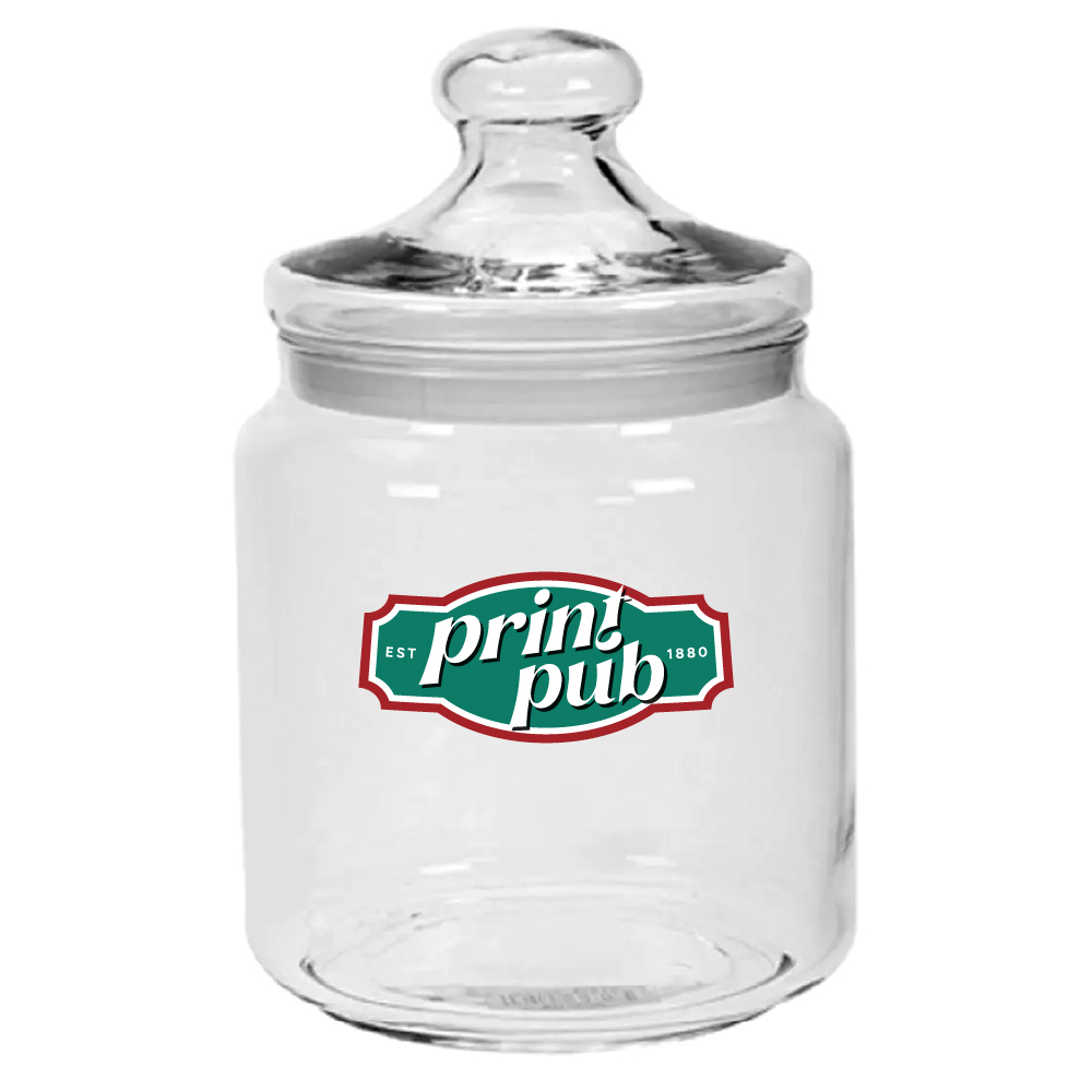 Bonbonglas Big Club 2,0 Liter mit mehrfarbigem PrintPub-Logo auf der Vorderseite.
