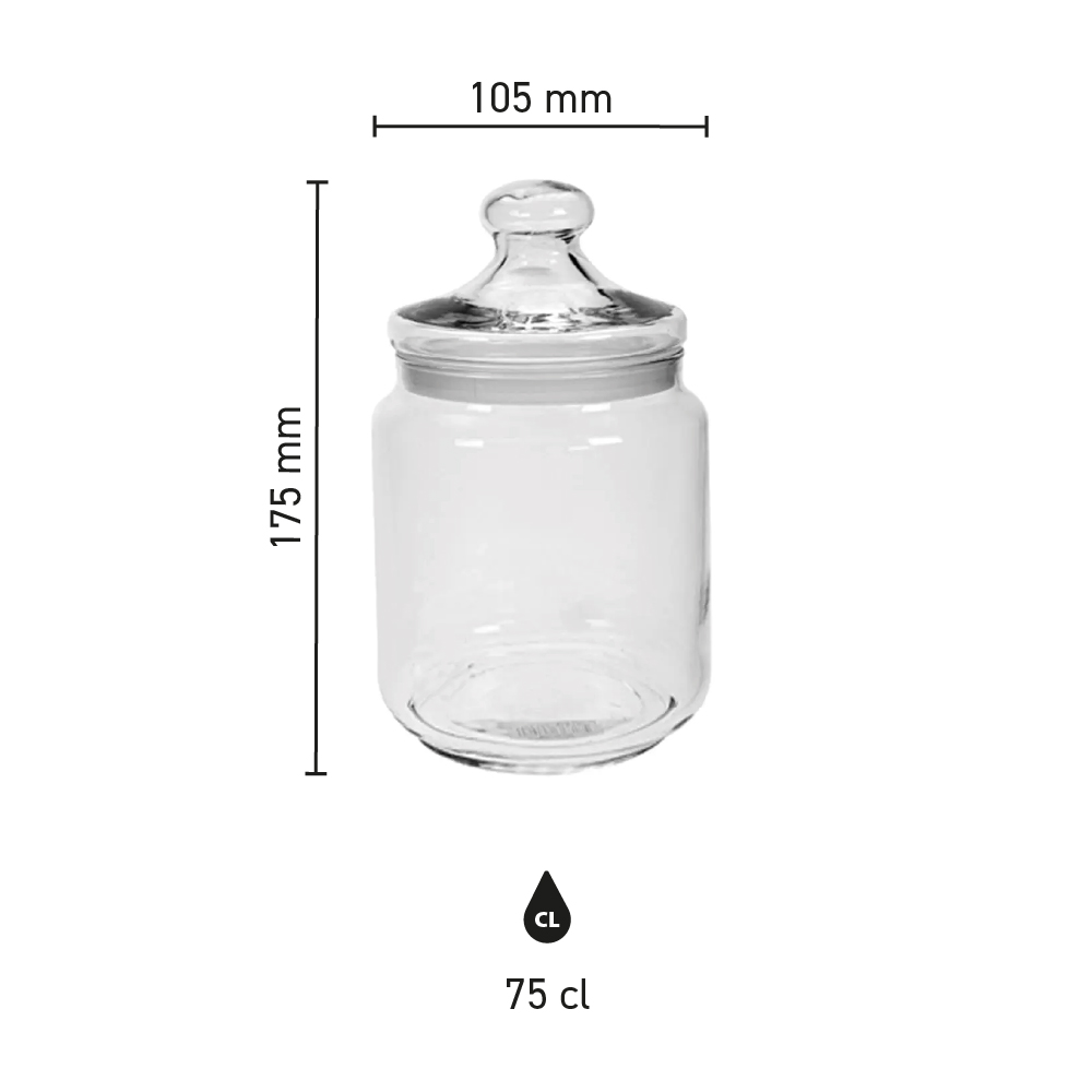Die Infografik zeigt die Abmessungen und den Inhalt des Bonbonglas Club 0,75 Liter.