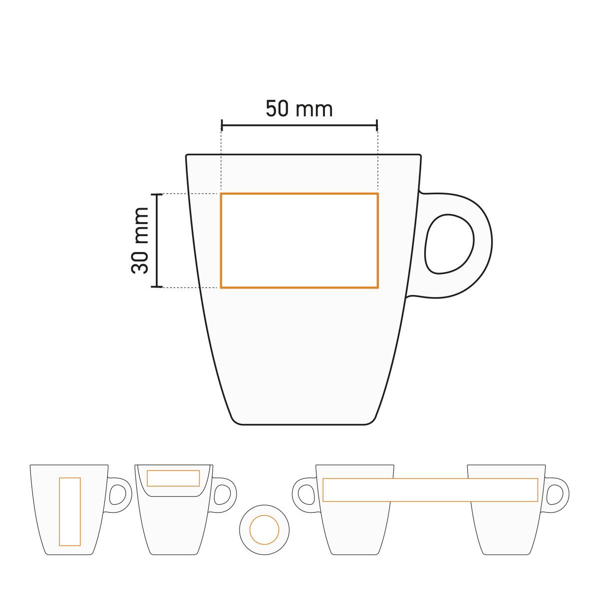 Arbeitszeichnung mit Druckfläche der Sonja Tasse 18 cl Porzellan für die Platzierung und den Druck des Logos.
