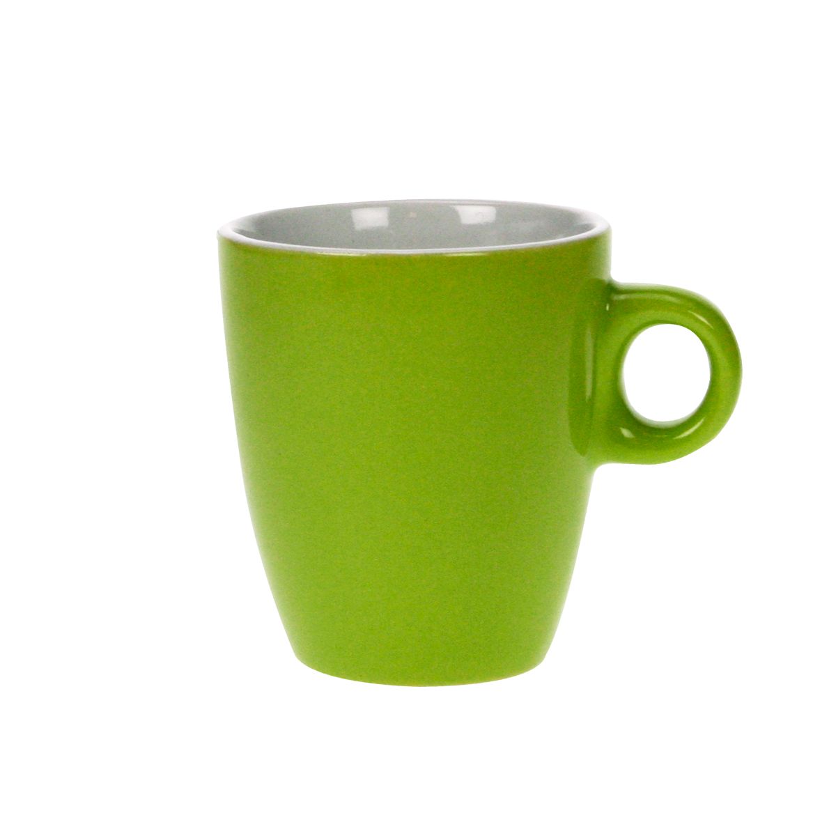 Grüner und weißer 18 cl Becher Sonja aus Porzellan, mit einheitlicher Farbe und bequemem Griff.