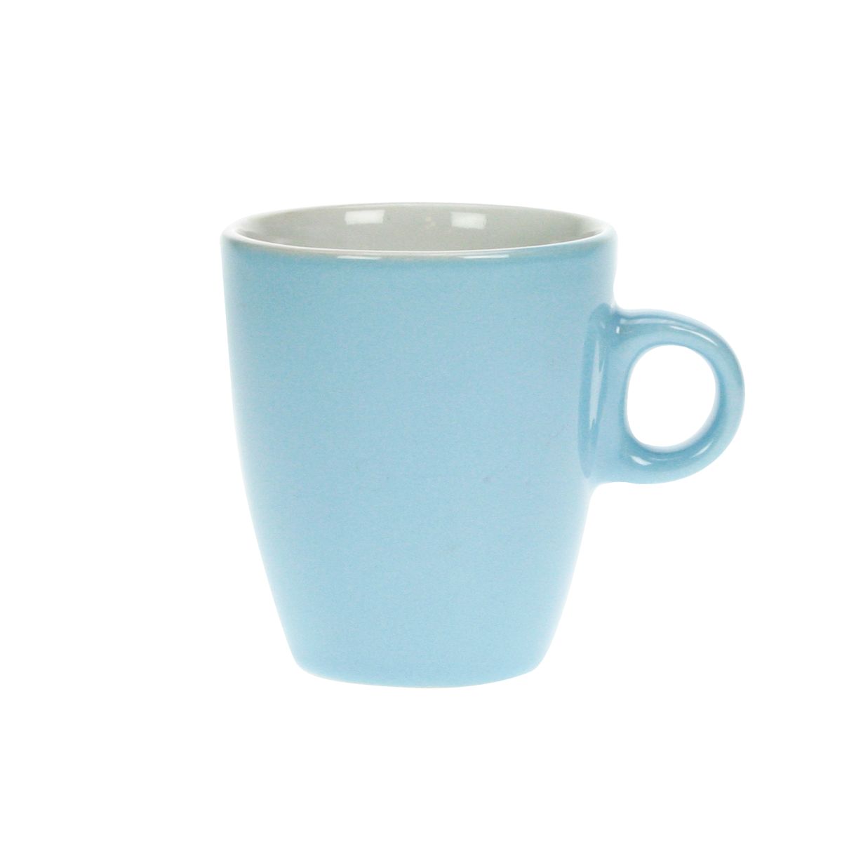 Hellblauer und weißer 18 cl Becher Sonja aus Porzellan mit sanften Tönen und glänzender Beschichtung.
