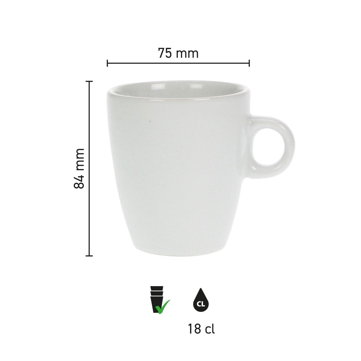 Infografik mit den Abmessungen der Tasse Sonja 18 cl Porzellan, einschließlich Durchmesser und Höhe.