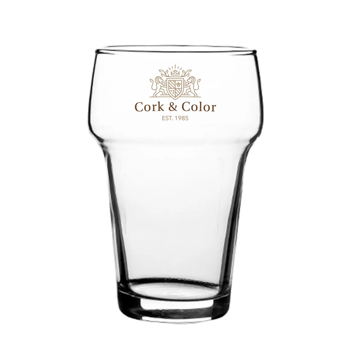 Stapelglas Groß 28 cl. mit mehrfarbigem CorkColor-Logo auf der Vorderseite des Glases.