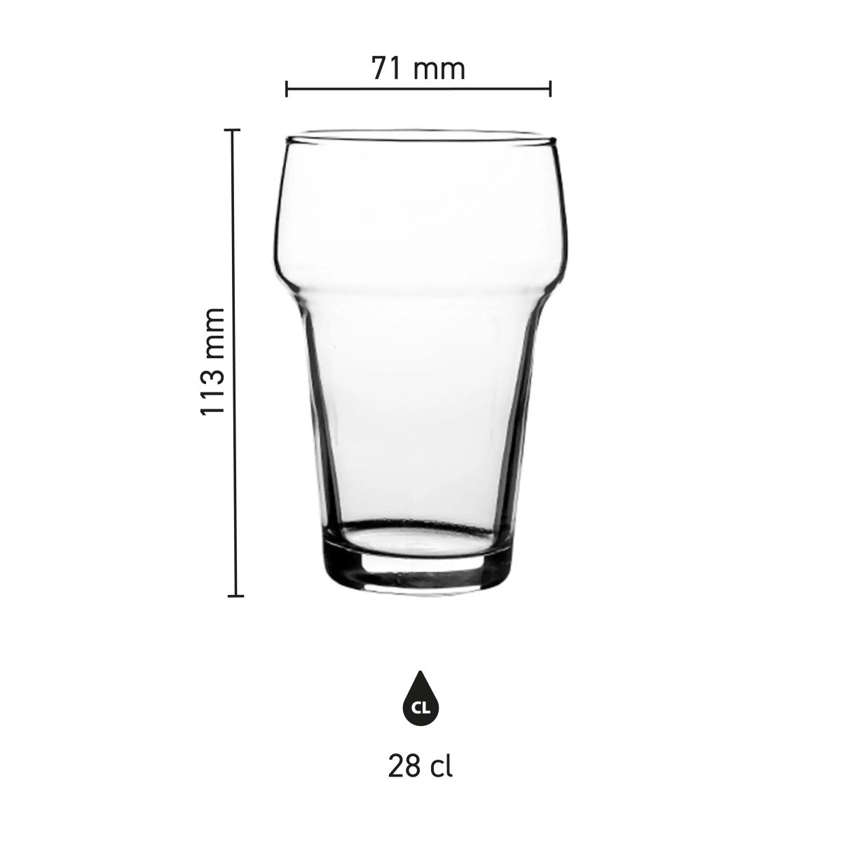 Technische Infografik des Stapelglas Groß 28 cl. mit Angabe der Höhe und des Durchmessers.