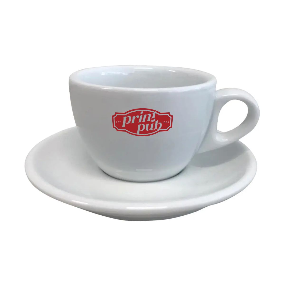 Vorderansicht des weißen 19-cl-Porzellan-Cappuccino-Sets mit dem einfarbigen Logo von PrintPub.