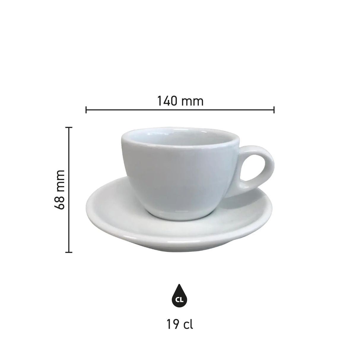 Infografik mit den Abmessungen des Porzellans Style Cappuccino 19 cl SET, einschließlich Durchmesser und Höhe.