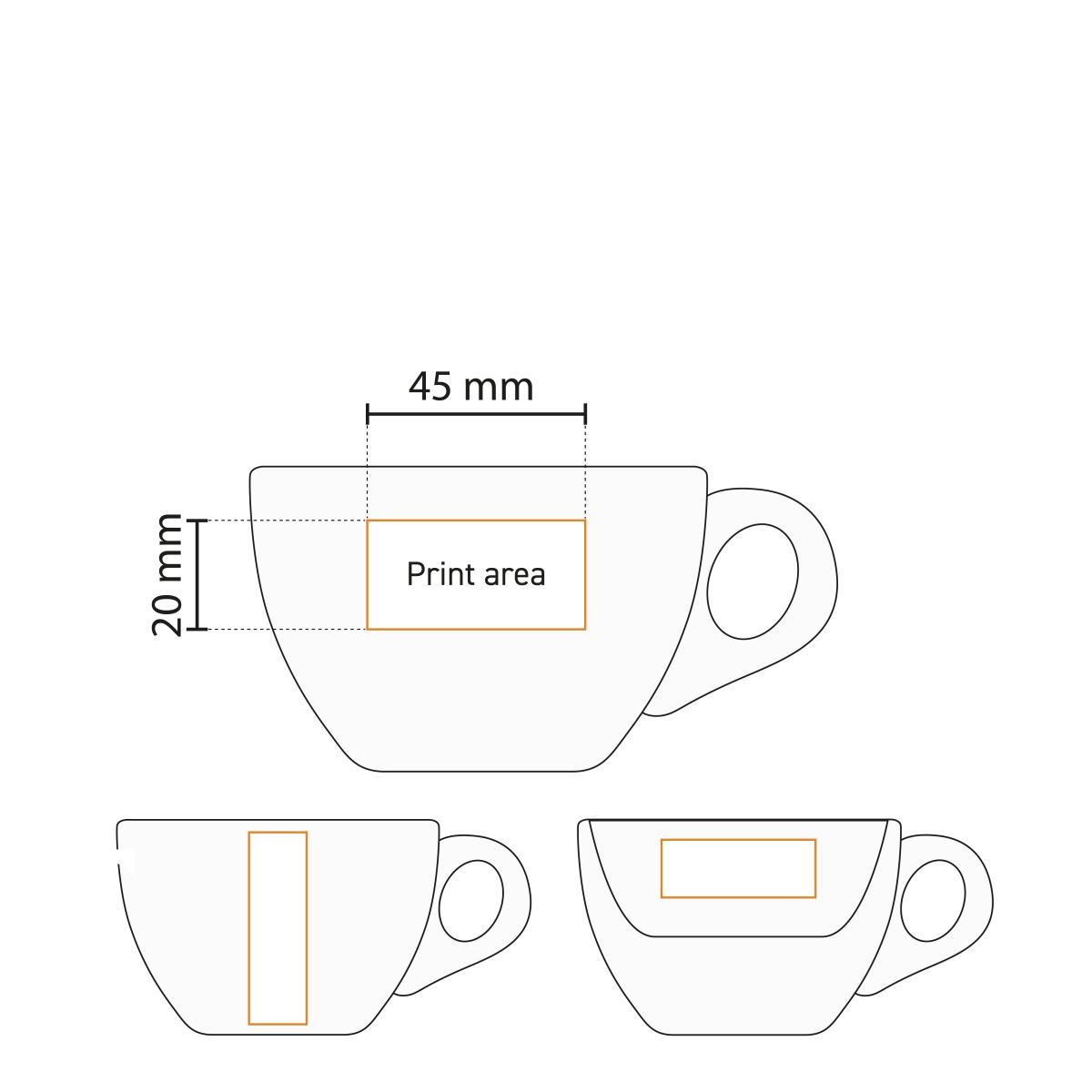Die technische Arbeitszeichnung zeigt den Druckbereich auf der Porzellan-Kaffeetasse 15 cl.