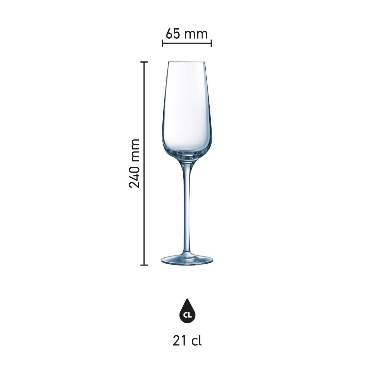 Infografik mit den Produktabmessungen des Sublym Sektglases 21 cl, einschließlich Höhe und Durchmesser.
