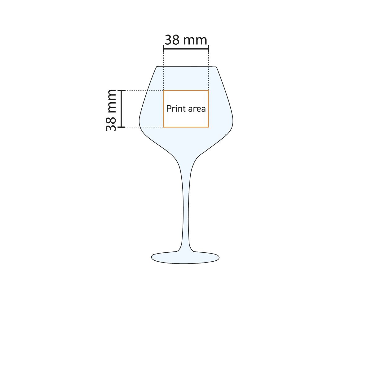 Technische Arbeitszeichnung des Sublym Gin-Tonic-Glases 60 cl. mit Markierung der Druckfläche.
