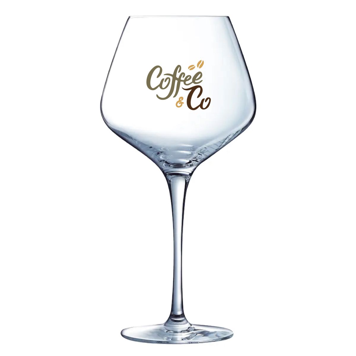 Sublym Gin-Tonic Glas 60 cl mit mehrfarbigem CoffeeCo Logo auf der Vorderseite des Glases.