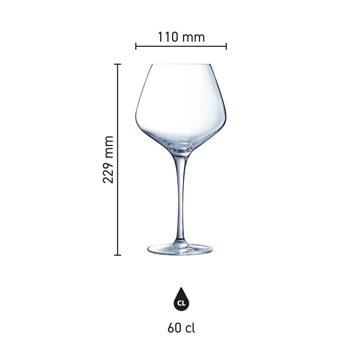 Infografik mit den Produktabmessungen des Sublym Gin Tonic Glas 60 cl, mit Höhe und Durchmesser.