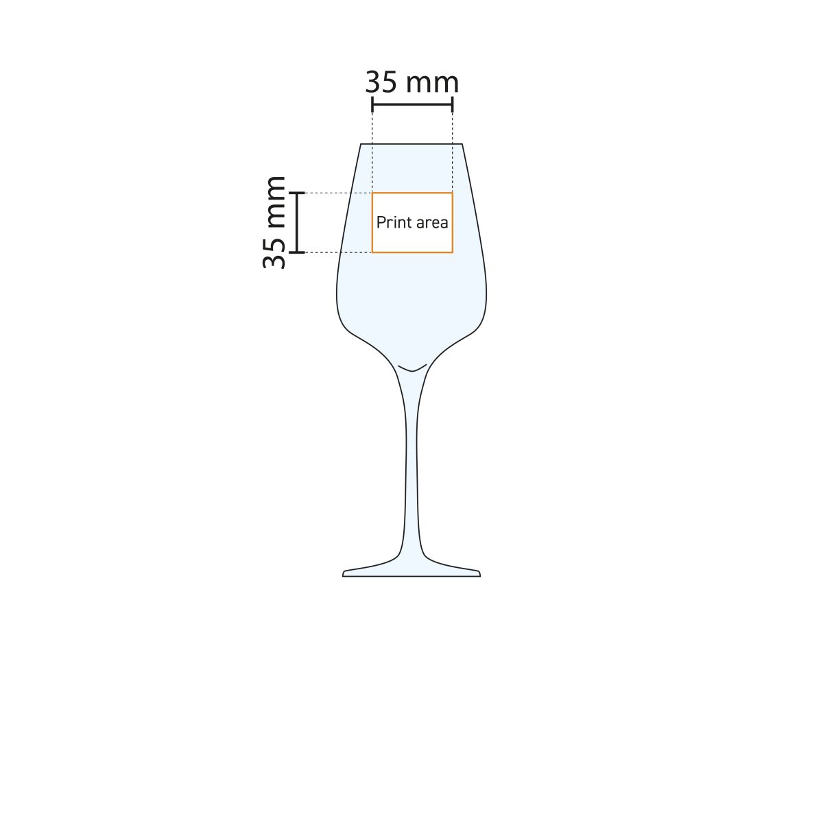 Technische Arbeitszeichnung des Sublym Weinglas 25 cl. mit Markierung der Druckfläche.