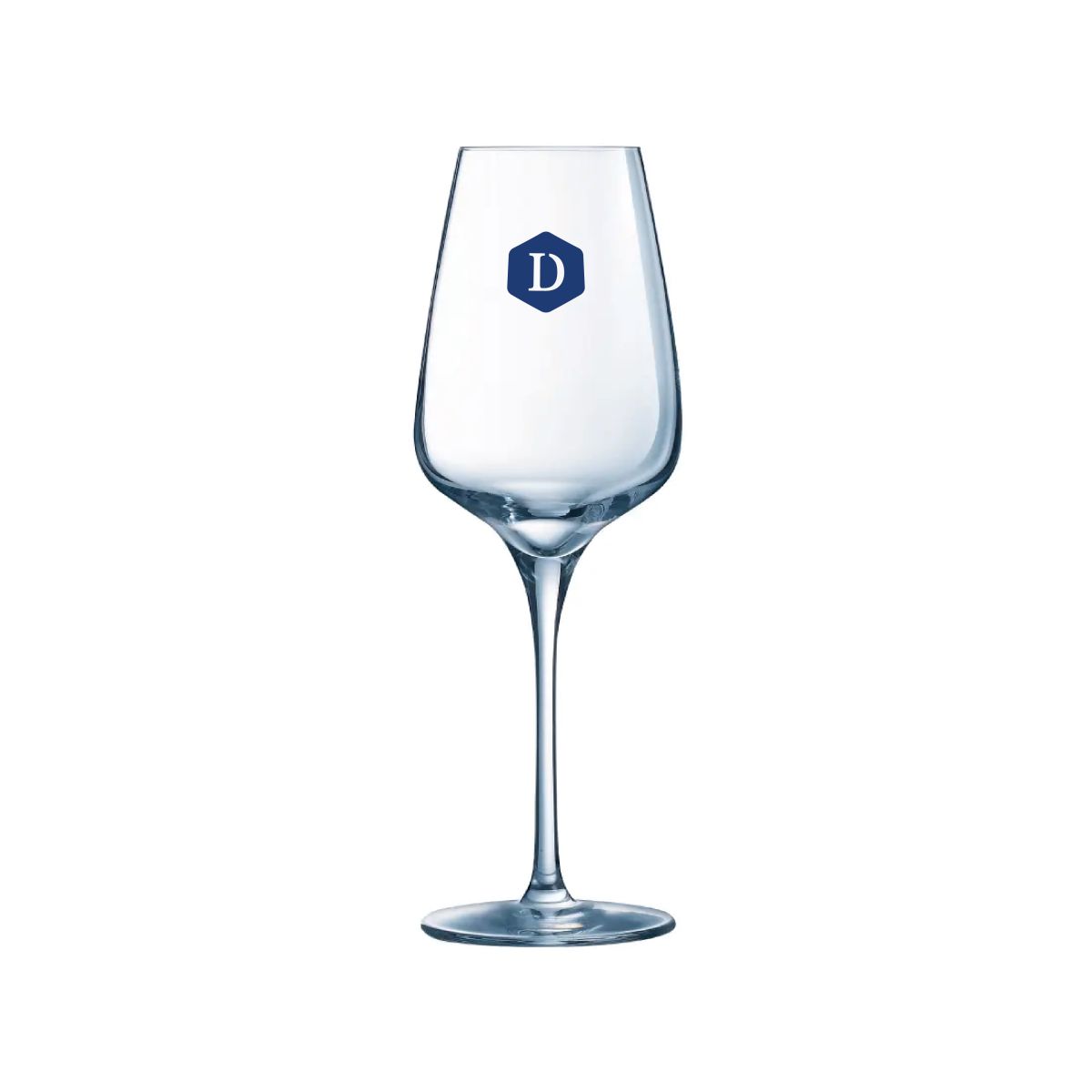 Sublym Weinglas 25 cl. mit einfarbigem DailyDrinks-Logo auf der Vorderseite des Glases.