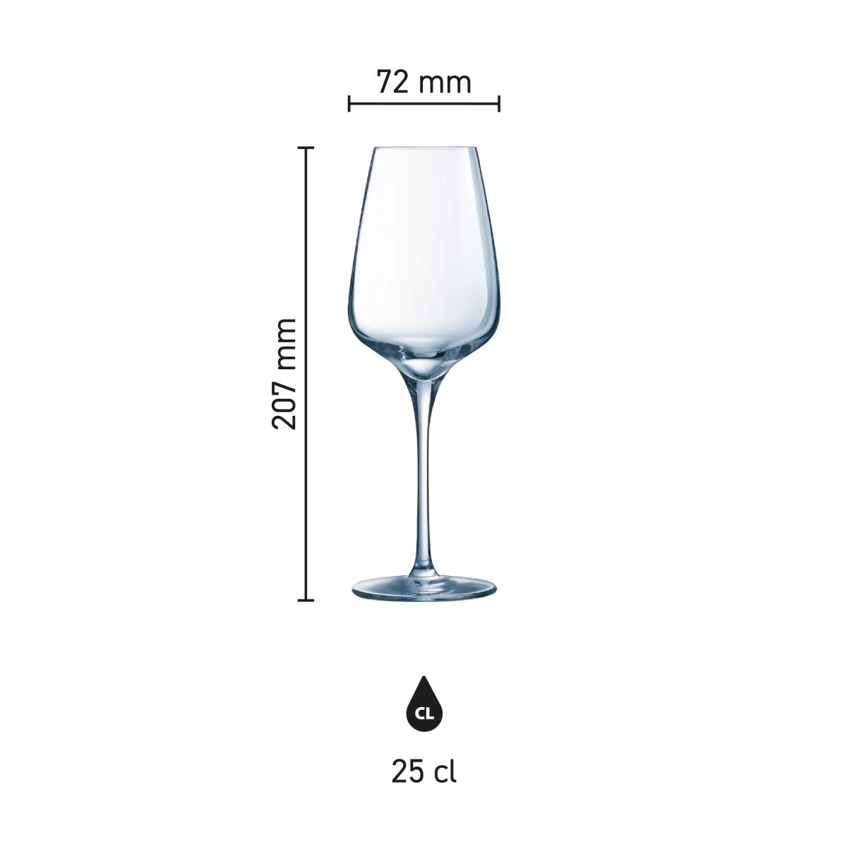 Infografik mit den Produktabmessungen des Sublym Weinglas 25 cl. mit Höhe und Durchmesser.
