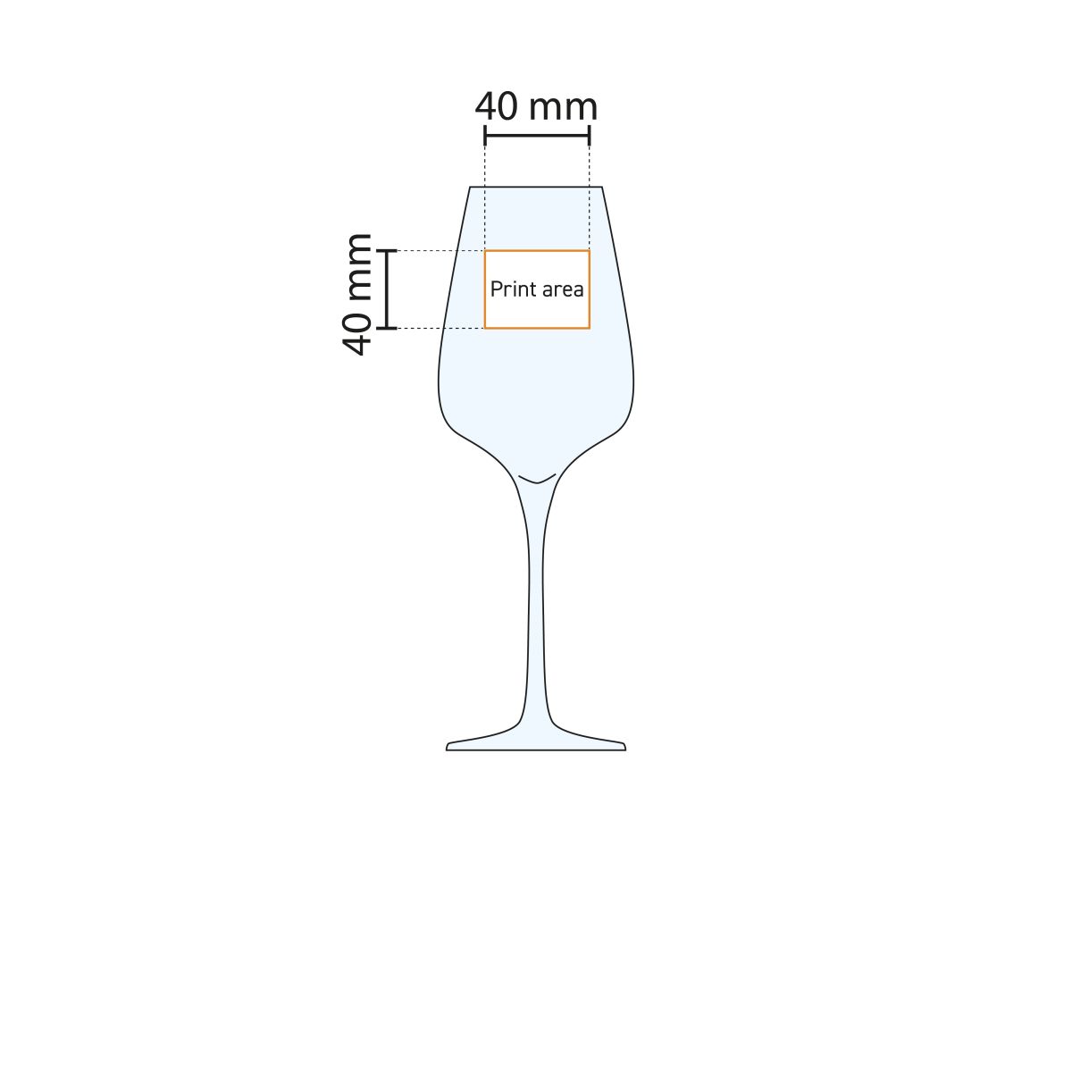 Technische Arbeitszeichnung des Sublym Weinglas 35 cl. mit Markierung der verfügbaren Druckfläche.