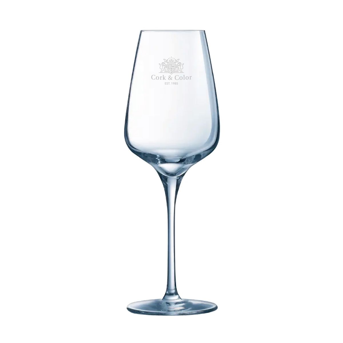 Sublym Weinglas 35 cl. bedruckt mit einem mehrfarbigen TableTrend Logo auf der Vorderseite des Glases.