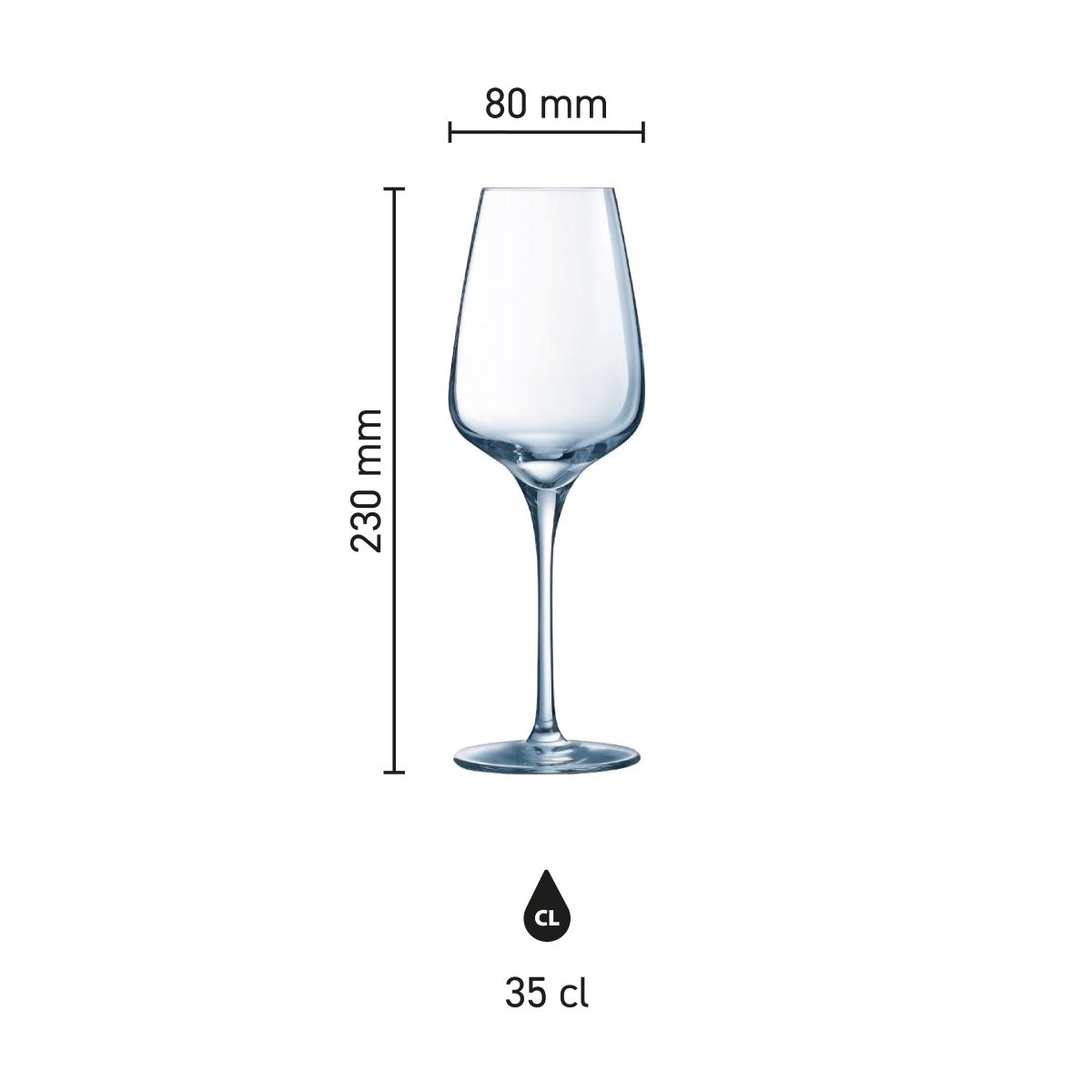 Infografik mit den genauen Abmessungen des Sublym Weinglas 35 cl. einschließlich Kelch und Fuß.