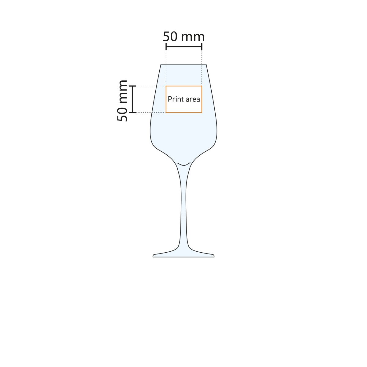 Technische Arbeitszeichnung des Sublym Weinglases 55 cl. mit Markierung der Druckfläche.