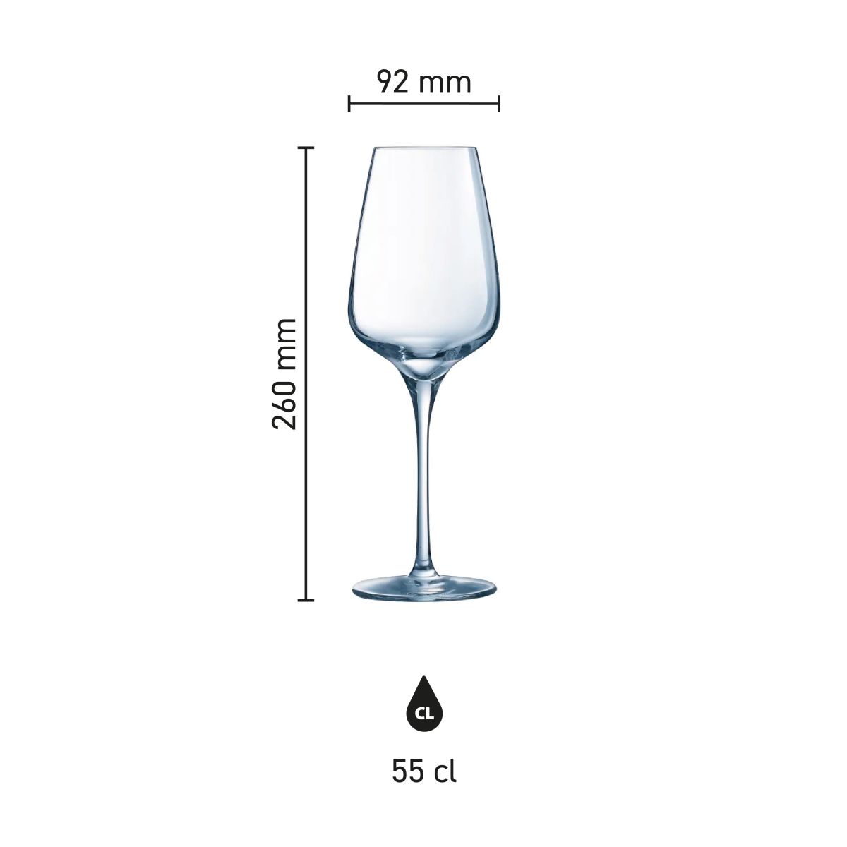 Infografik mit den Abmessungen des Weinglases Sublym 55 cl. einschließlich Höhe und Glasdurchmesser.