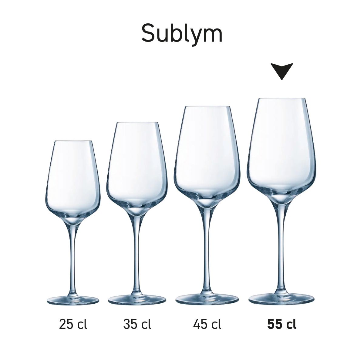 Die Weingläser von Sublym werden als Serie mit unterschiedlichem Inhalt und identischem Design präsentiert.