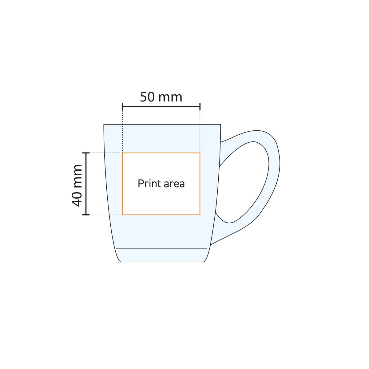 Technische Arbeitszeichnung des New Morning Low 32 cl Teeglases mit Angabe der Druckfläche.