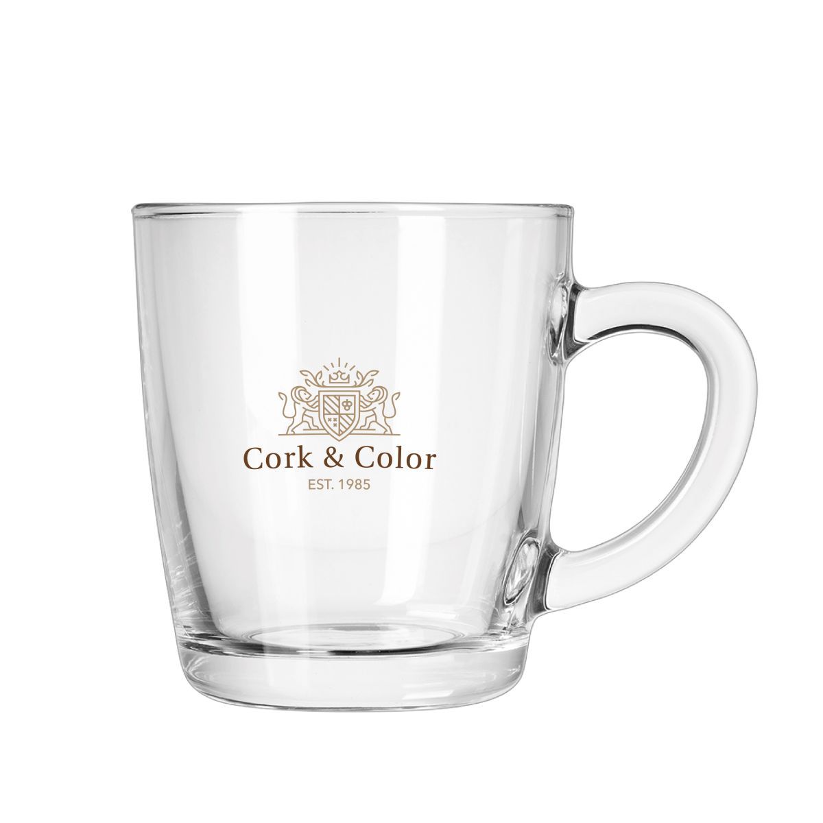 Frontfass-Teeglas New Morning Low 32 cl. mit buntem CorkColor-Logoaufdruck.