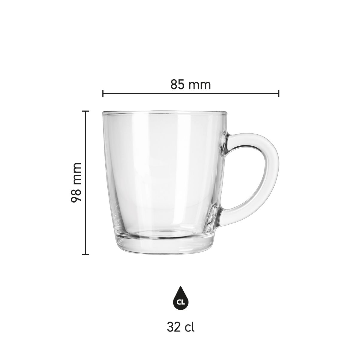 Grafische Darstellung der Abmessungen des New Morning Low Teeglases 32 cl als Infografik.