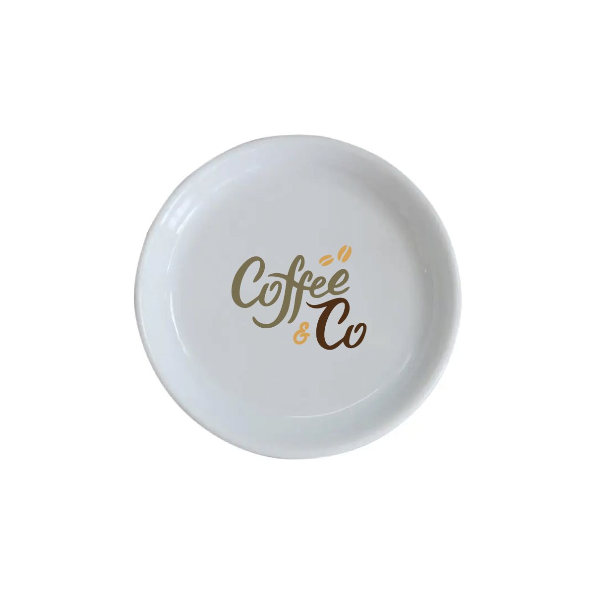 Teebeutelhalter rund weiß 85 mm mit mehrfarbigem CoffeeCo-Logo auf der Vorderseite, runde weiße Form.