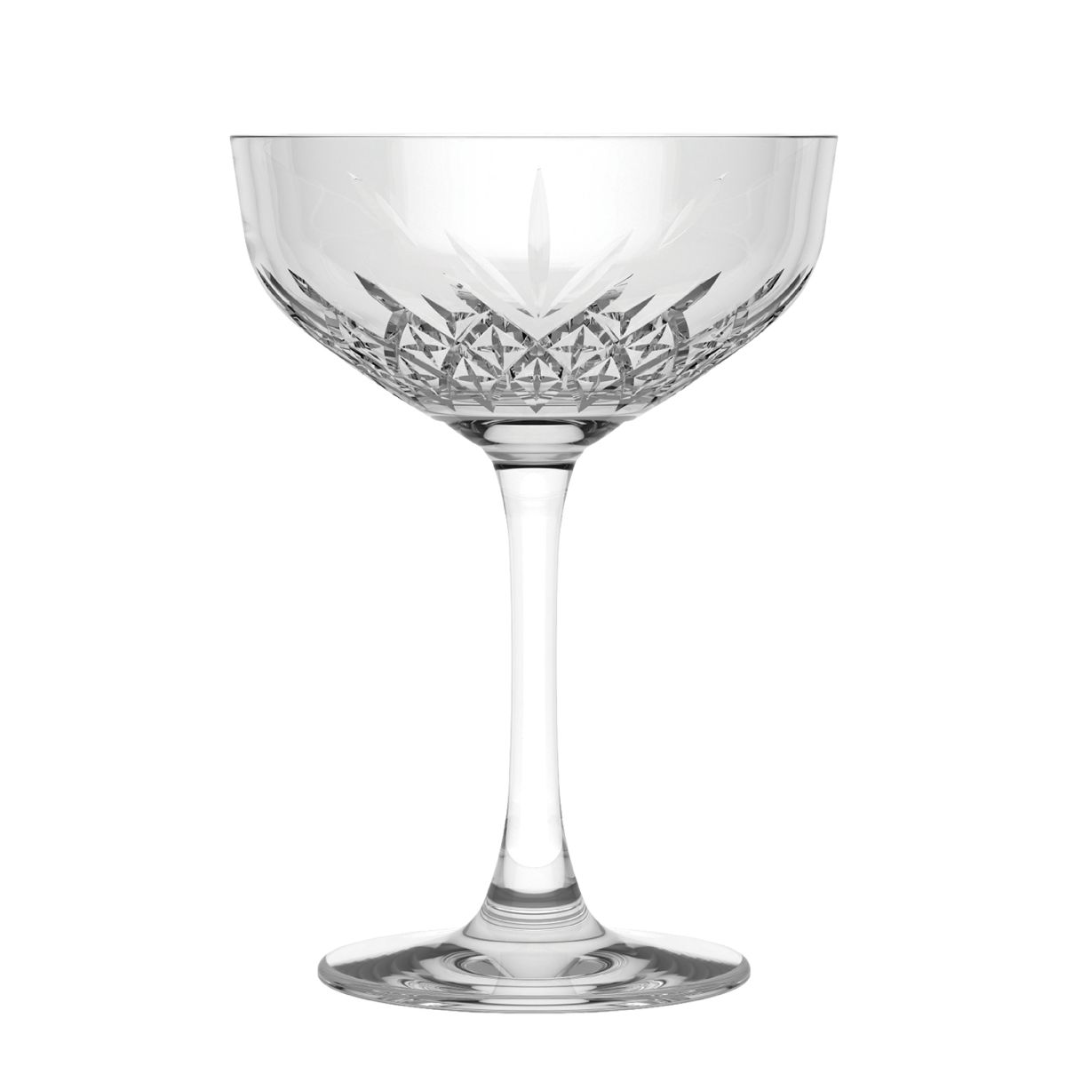 Vorderansicht des Timeless Champagner Coupe 25,5 cl. aus Klarglas mit breitem, flachem Kelch.