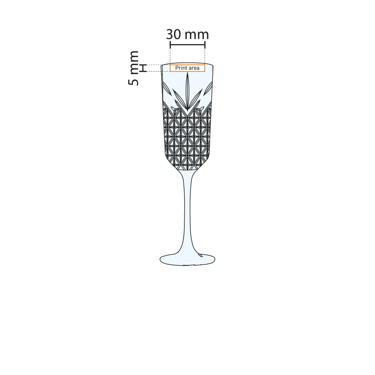 Technische Zeichnung der Timeless Champagnerflöte 17,5 cl mit Angabe der Druckfläche.