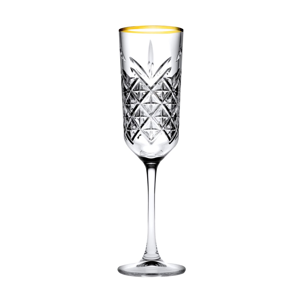 Vorderseite der Timeless Champagnerglas 17,5 cl. mit Goldrand aus transparentem Glas mit schmalem Kelch.