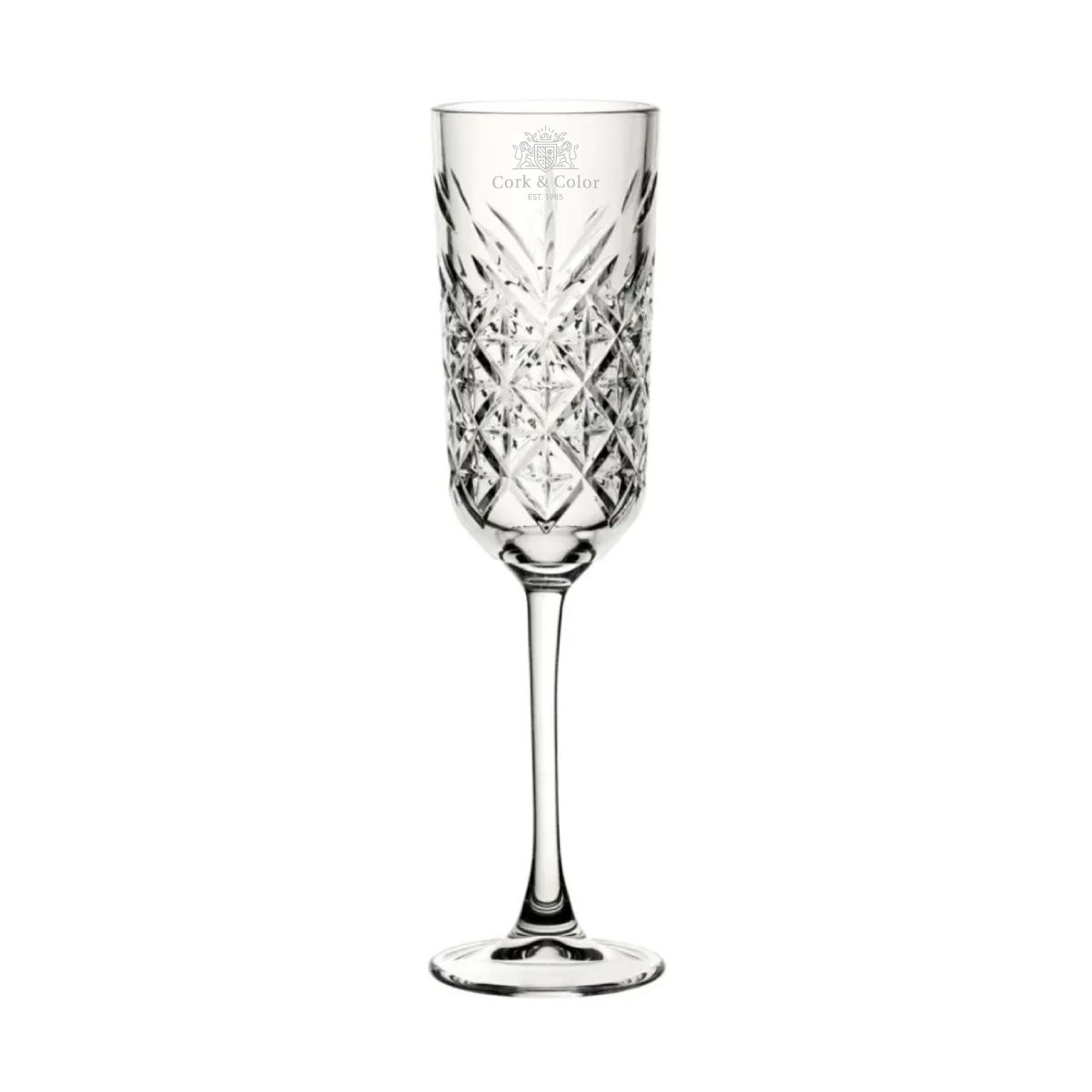 Gravur des CorkColor-Logos auf der Vorderseite der Timeless Champagnerflöte 17,5 cl.