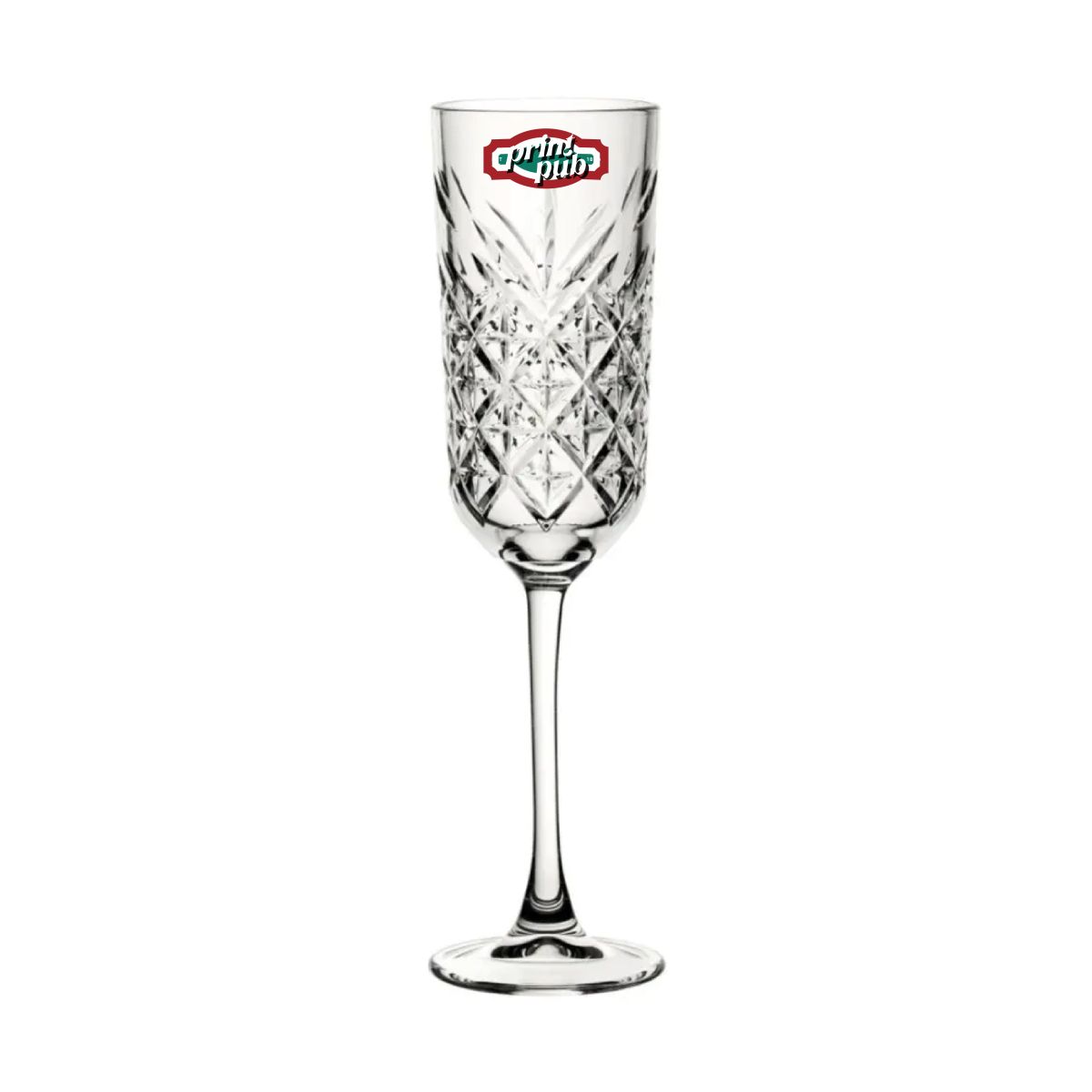 Timeless Champagnerglas 17,5 cl. bedruckt mit mehrfarbigem PrintPub-Logo auf der Vorderseite des Glases.