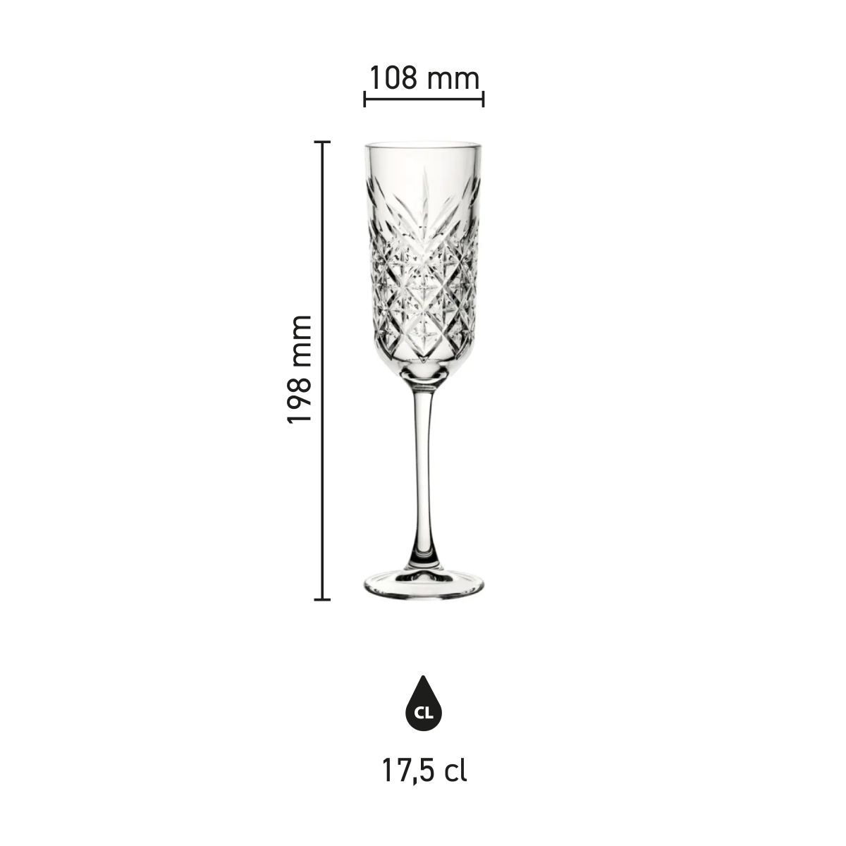 Infografik mit den Produktabmessungen der Timeless Champagnerflöte 17,5 cl. einschließlich Höhe und Durchmesser.