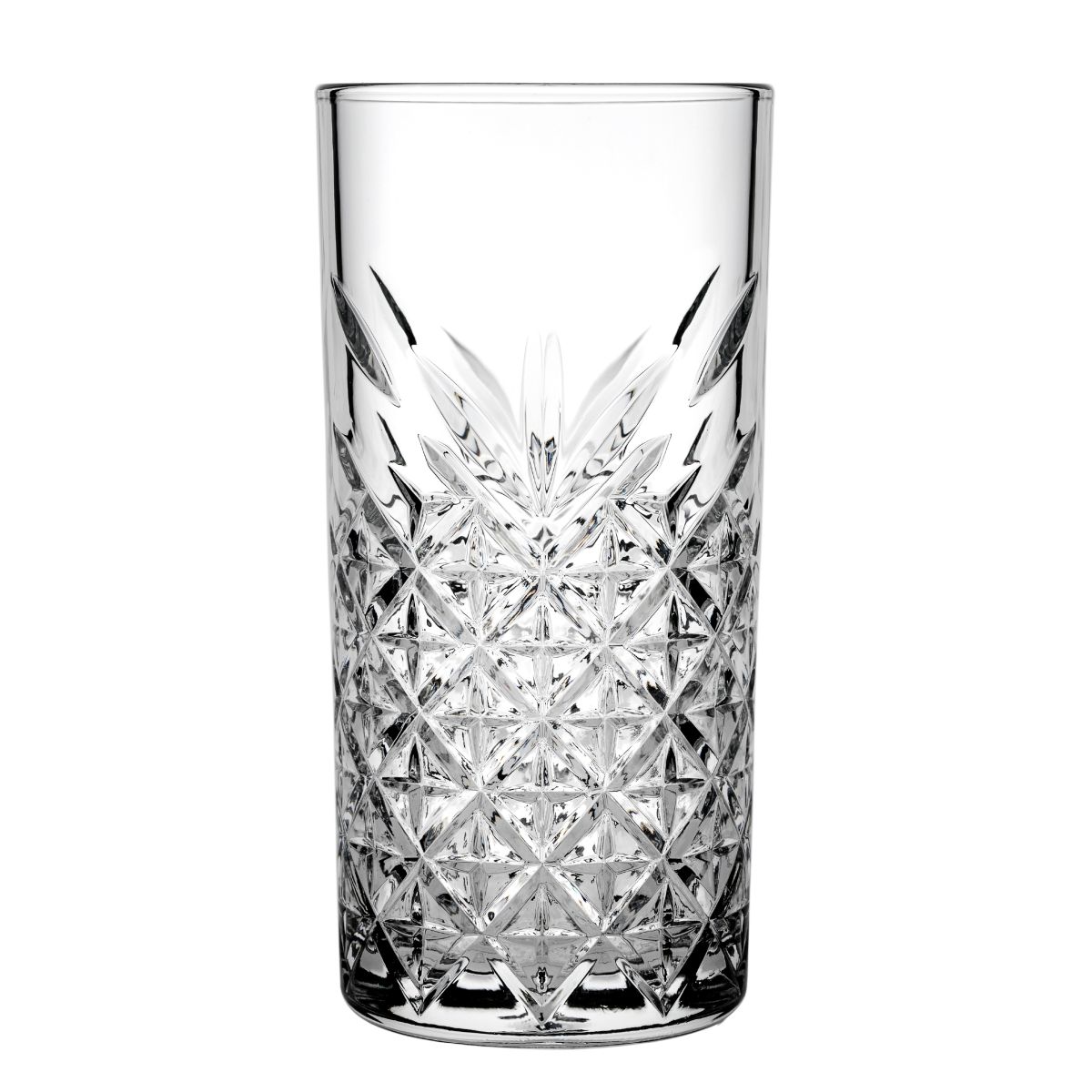 Transparentes Timeless Longdrinkglas 45 cl. Vorderansicht mit vertikalem Schliff. Transparentes Timeless Longdrinkglas 45 cl. Vorderansicht mit vertikalem Schliff.