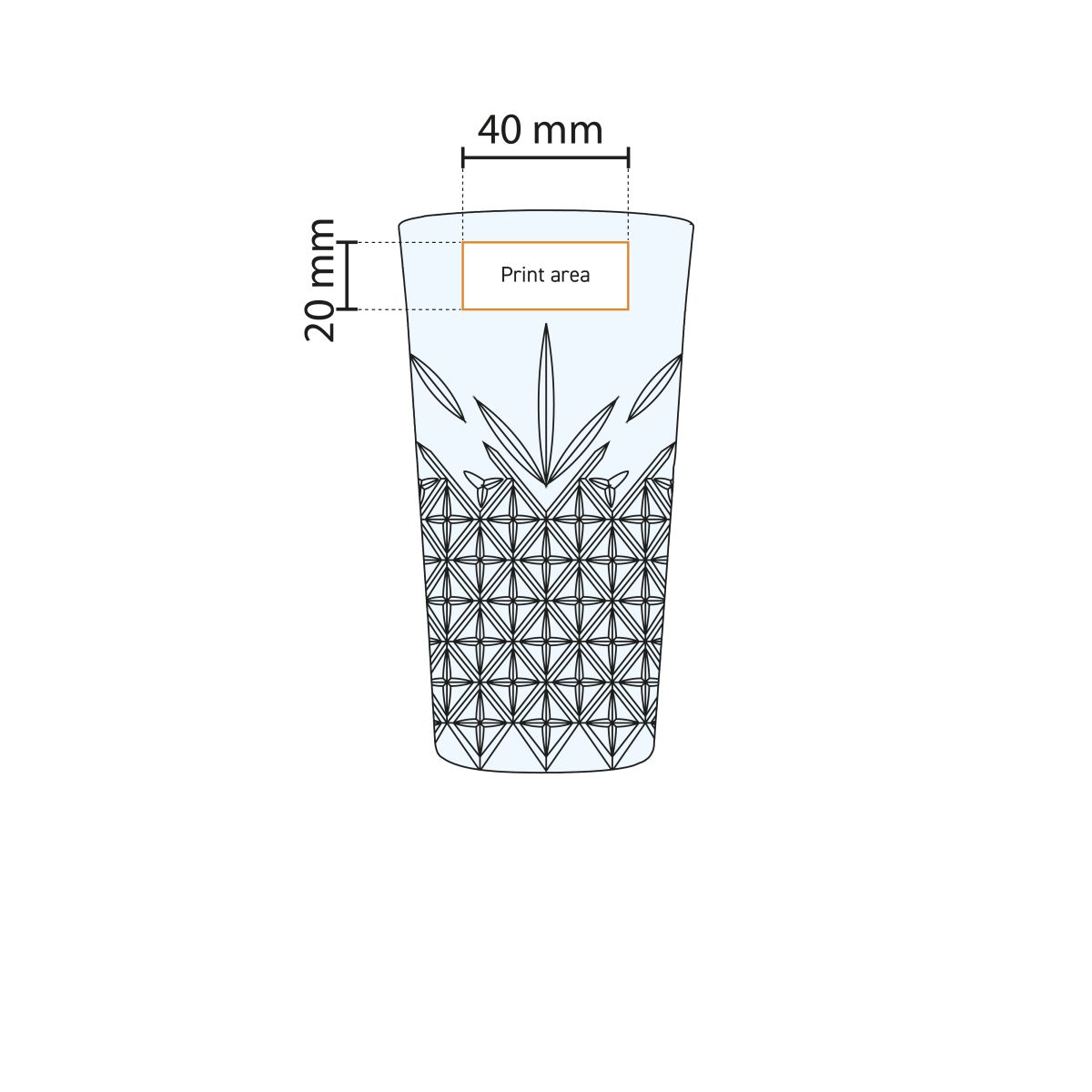 Die Arbeitszeichnung zeigt den Druckbereich für den Druck auf Glas 45 cl. deutlich markiert.