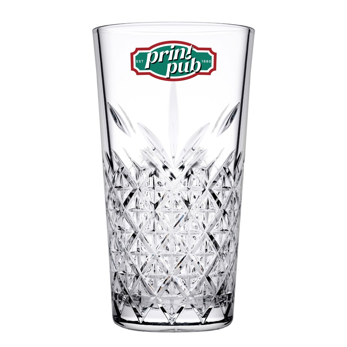 Vorderansicht des Glases mit buntem PrintPub-Logo auf der glatten Glasoberfläche.