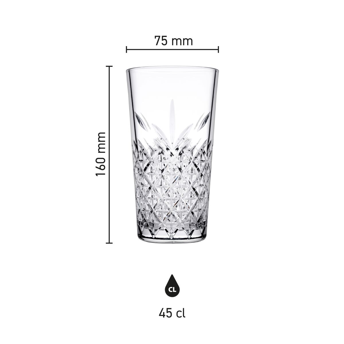 Die Infografik zeigt Höhe und Durchmesser des Timeless Longdrink Stapelglases 45 cl.