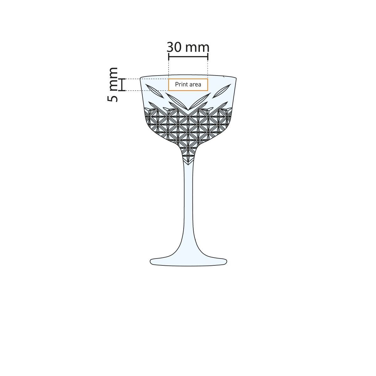 Technische Arbeitszeichnung des Druckbereichs auf dem Timeless Nick &amp; Nora Glass 16 cl. Glas.