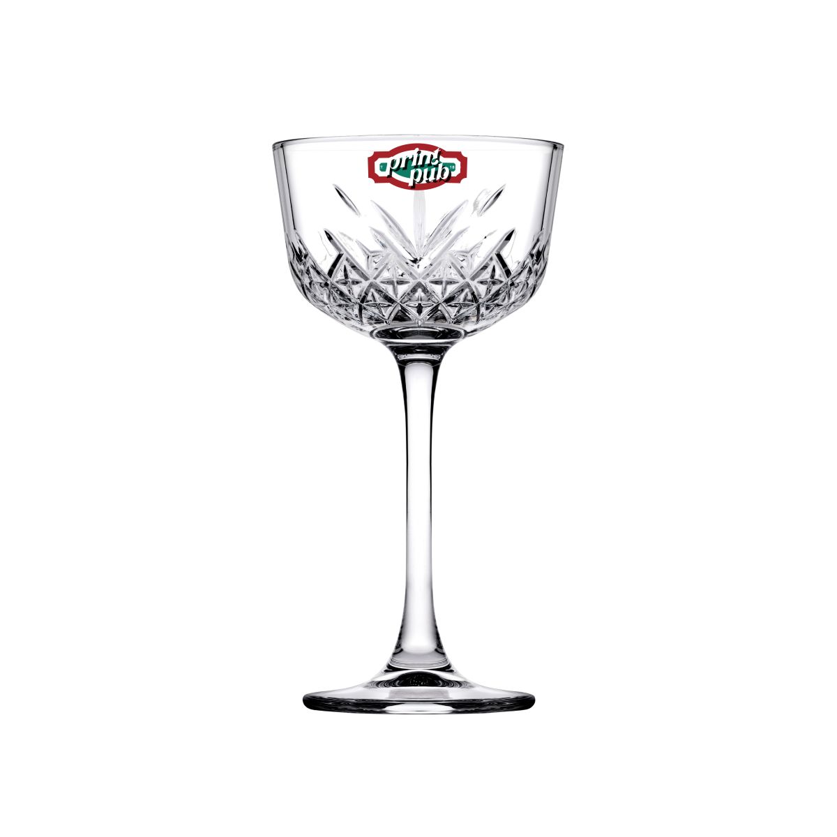 Timeless Nick & Nora Glas 16 cl. mit mehrfarbigem PrintPub Logo auf der Vorderseite.