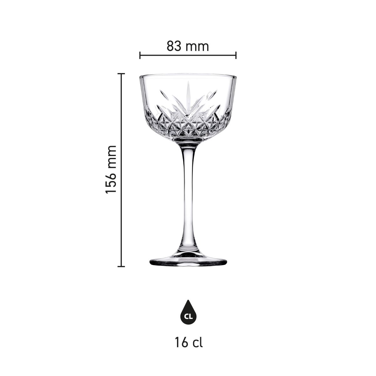 Infografik mit den Produktabmessungen des Timeless Nick &amp; Nora Glass 16 cl. im Maßstab.