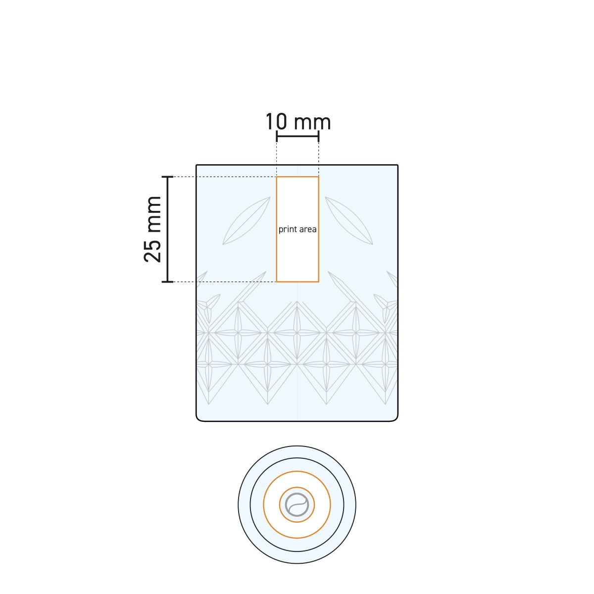 Technische Arbeitszeichnung mit Druckfläche des Timeless Shot Glases 6 cl. Glas.