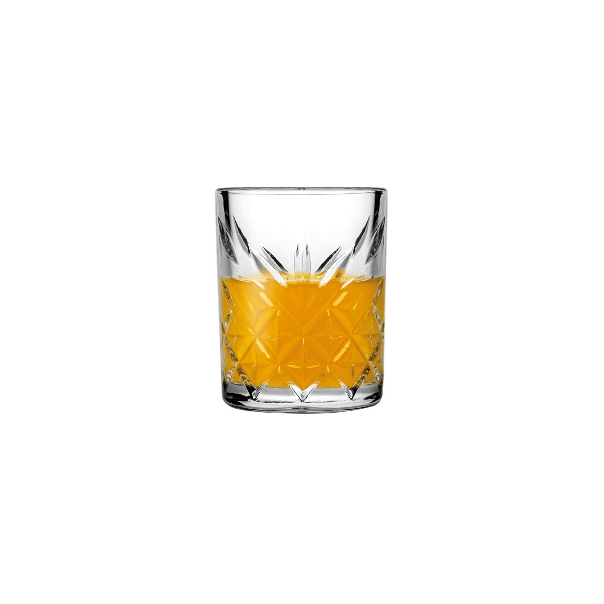 Gefülltes Timeless Shotglas 6 cl. vor weißem Hintergrund mit sichtbarem Flüssigkeitsinhalt.