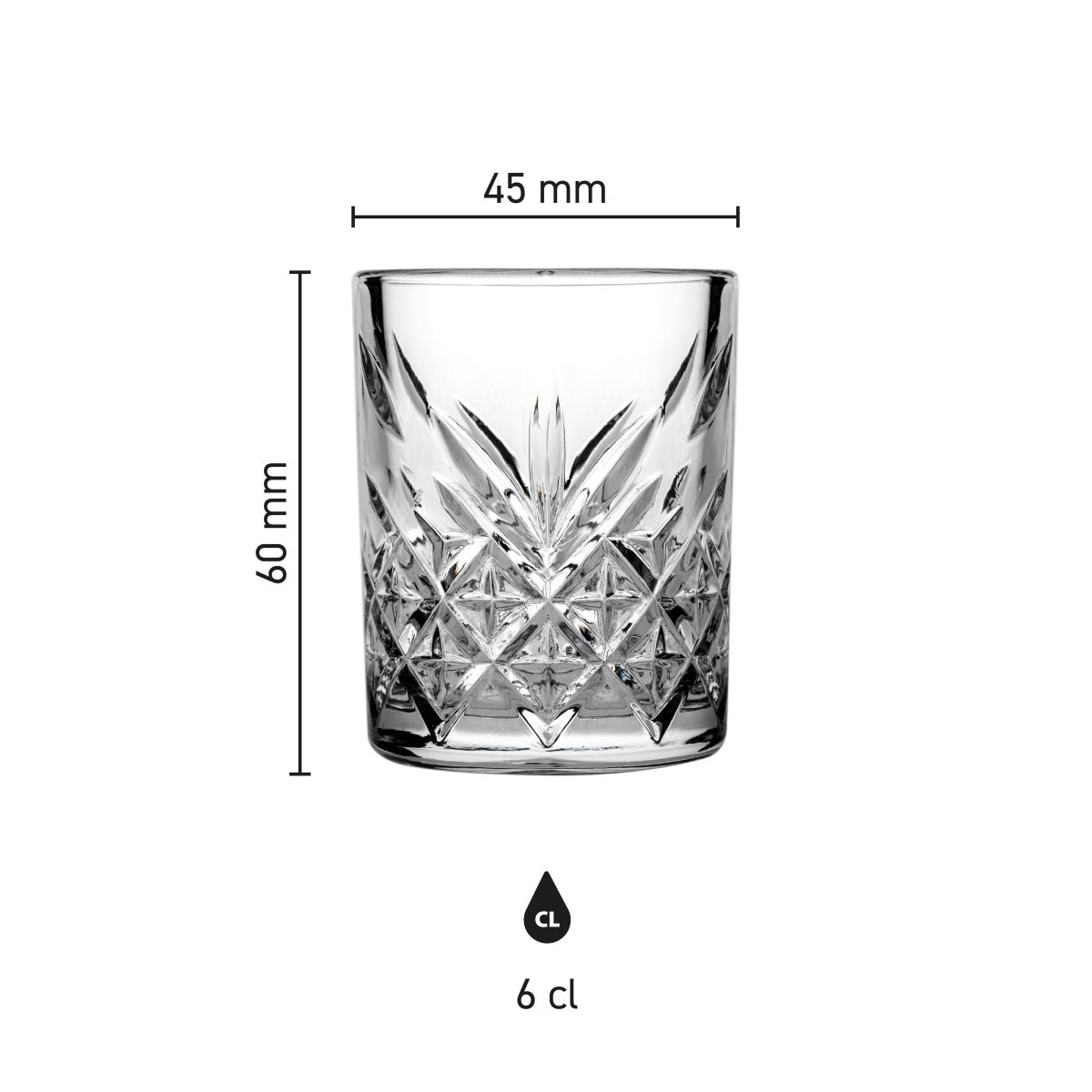 Infografik mit den Abmessungen des Timeless Shot Glases 6 cl. in Höhe und Durchmesser.