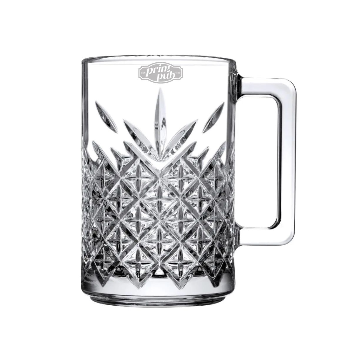 PrintPub-Logo in feiner Gravur auf der Vorderansicht des Timeless Tee Glas 31 cl.
