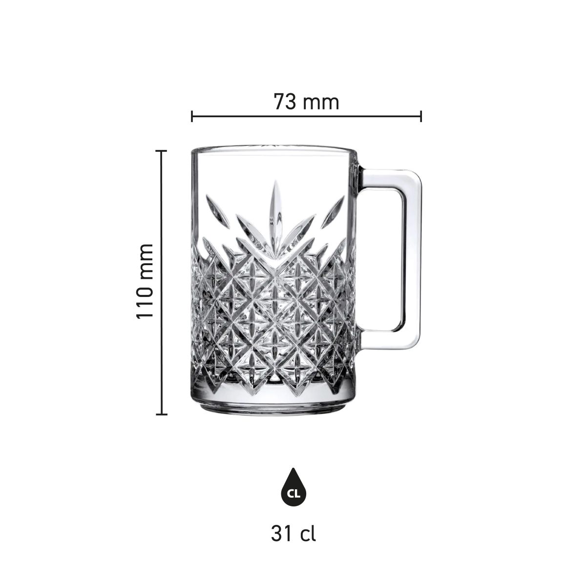 Infografik mit Höhe und Durchmesser des Timeless Tee Glas 31 cl. gezeigt.