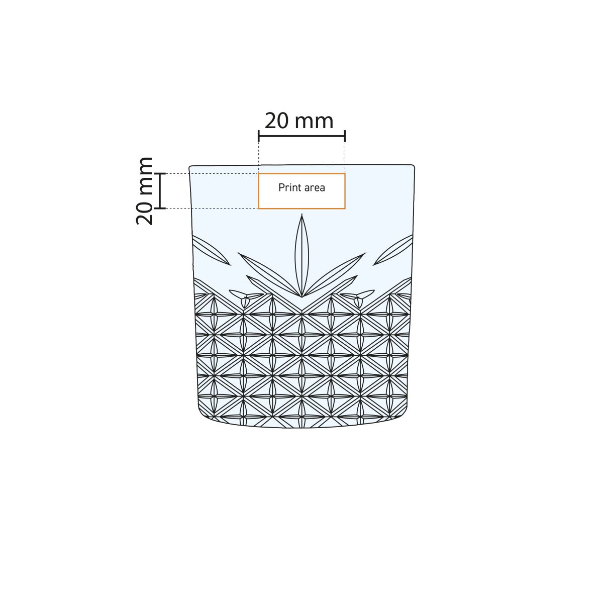 Technische Arbeitszeichnung des Druckbereichs auf dem Timeless Whisky Glas 21 cl.
