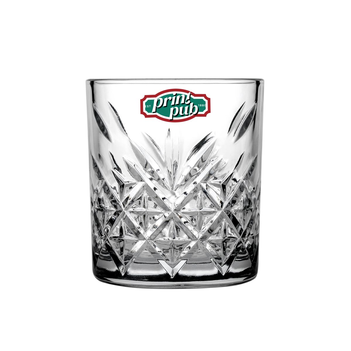 Glas mit PrintPub-Logo in mehreren Farben auf der Vorderseite des Timeless Whisky Glas 21 cl.