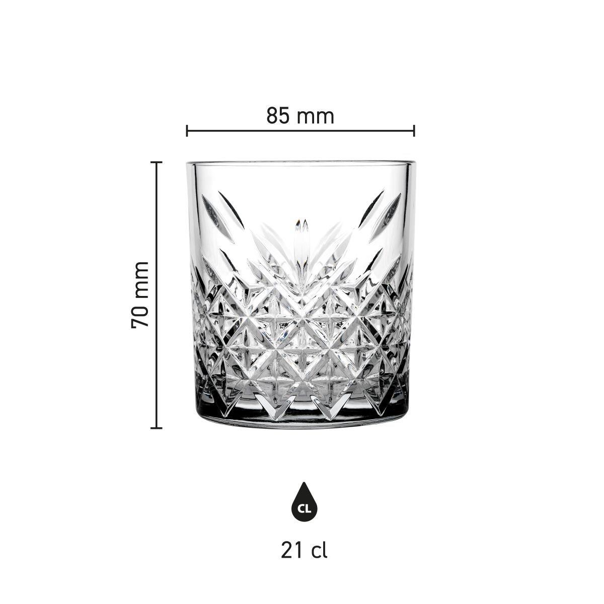 Infografik mit Höhe und Durchmesser des Timeless Whisky Glass 21 cl.