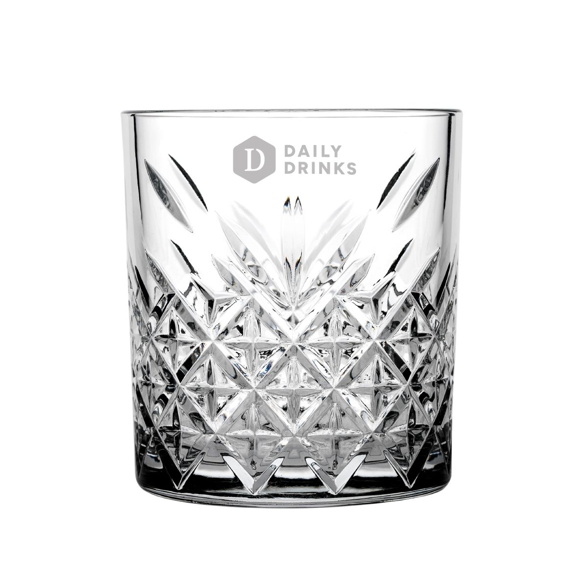 Vorderseite des Timeless Whiskyglas 35,5 cl. mit dezent eingraviertem DailyDrinks-Logo in der Mitte des Glases.